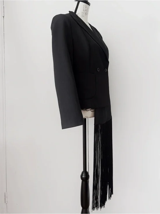 Black asymmetric blazer with fringe, size S - Picture 4 of 6